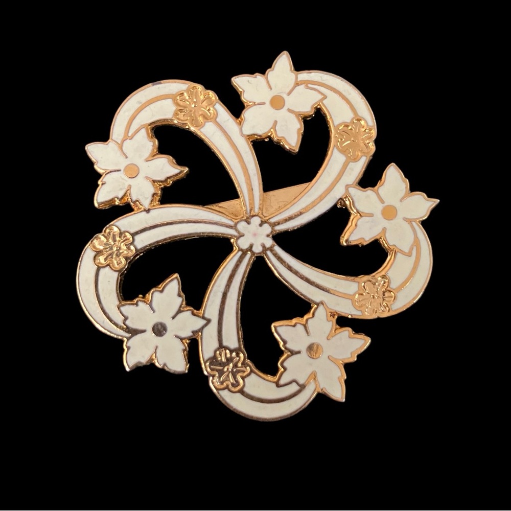 Gold Tone White Enamel Floral Brooch